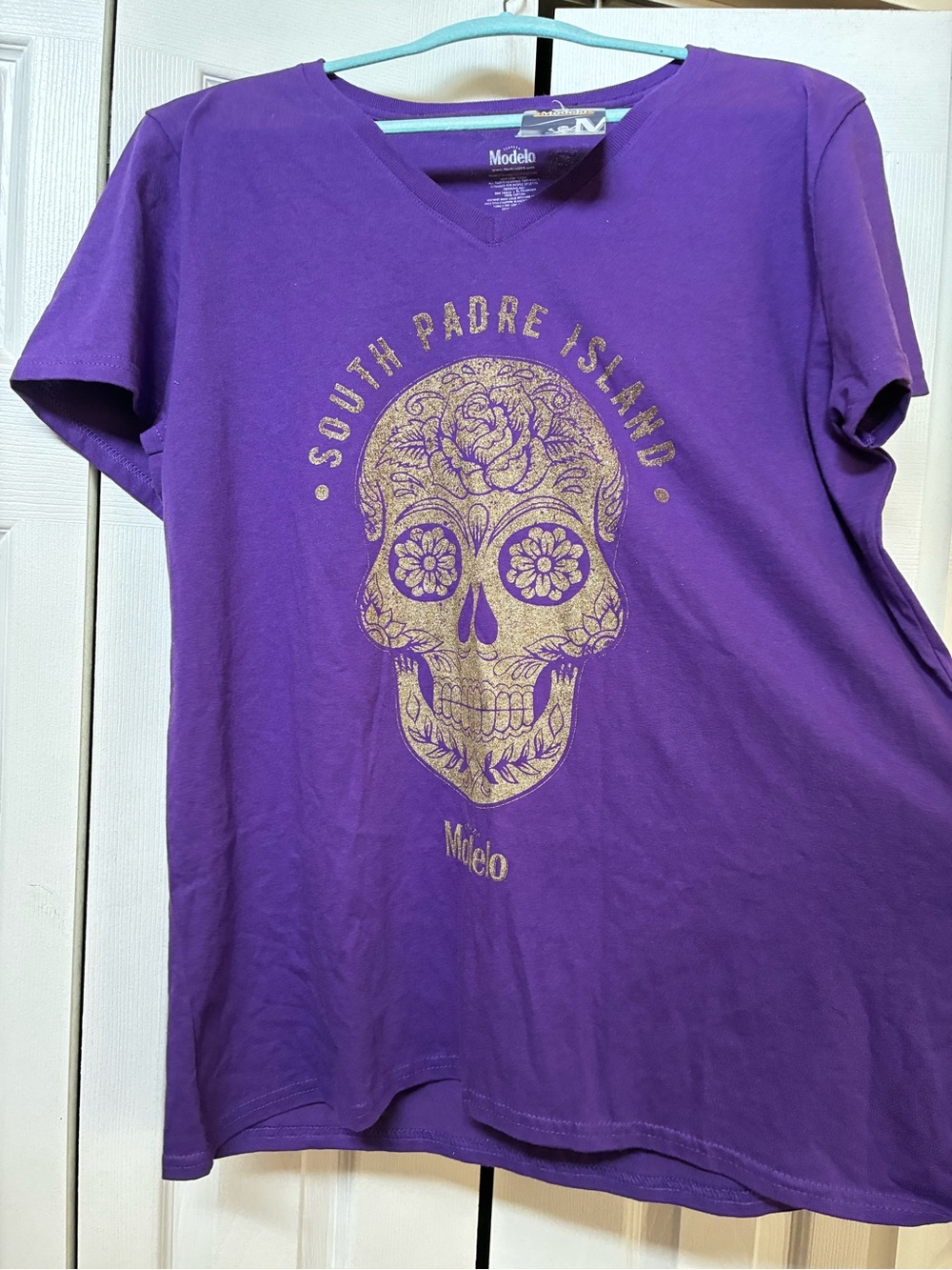 Modelo Purple Short Sleeve Tee with Gold Sugar Skull Graphic